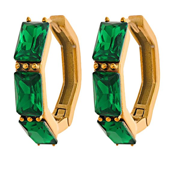 Green Zircon Small Hoop Earrings Bamboo Shape 18K Gold Plated Stainless Steel - Picture 7 of 9